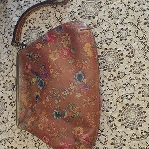 Patricia Nash Brown Floral Leather Wristlet Clutch